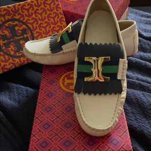 Tory Burch Gemini white loafers.